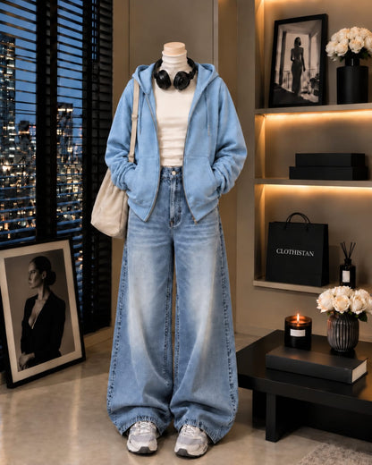 Zipper Hoodie, White Rib Net Highneck & Sky Blue Vintage Wide-Leg Jeans as Pack of Threes
