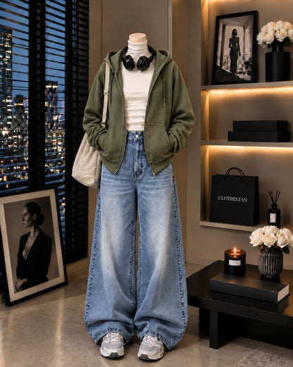 Zipper Hoodie, White Rib Net Highneck & Sky Blue Vintage Wide-Leg Jeans as Pack of Threes