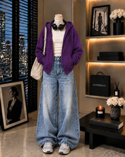 Zipper Hoodie, White Rib Net Highneck & Sky Blue Vintage Wide-Leg Jeans as Pack of Threes