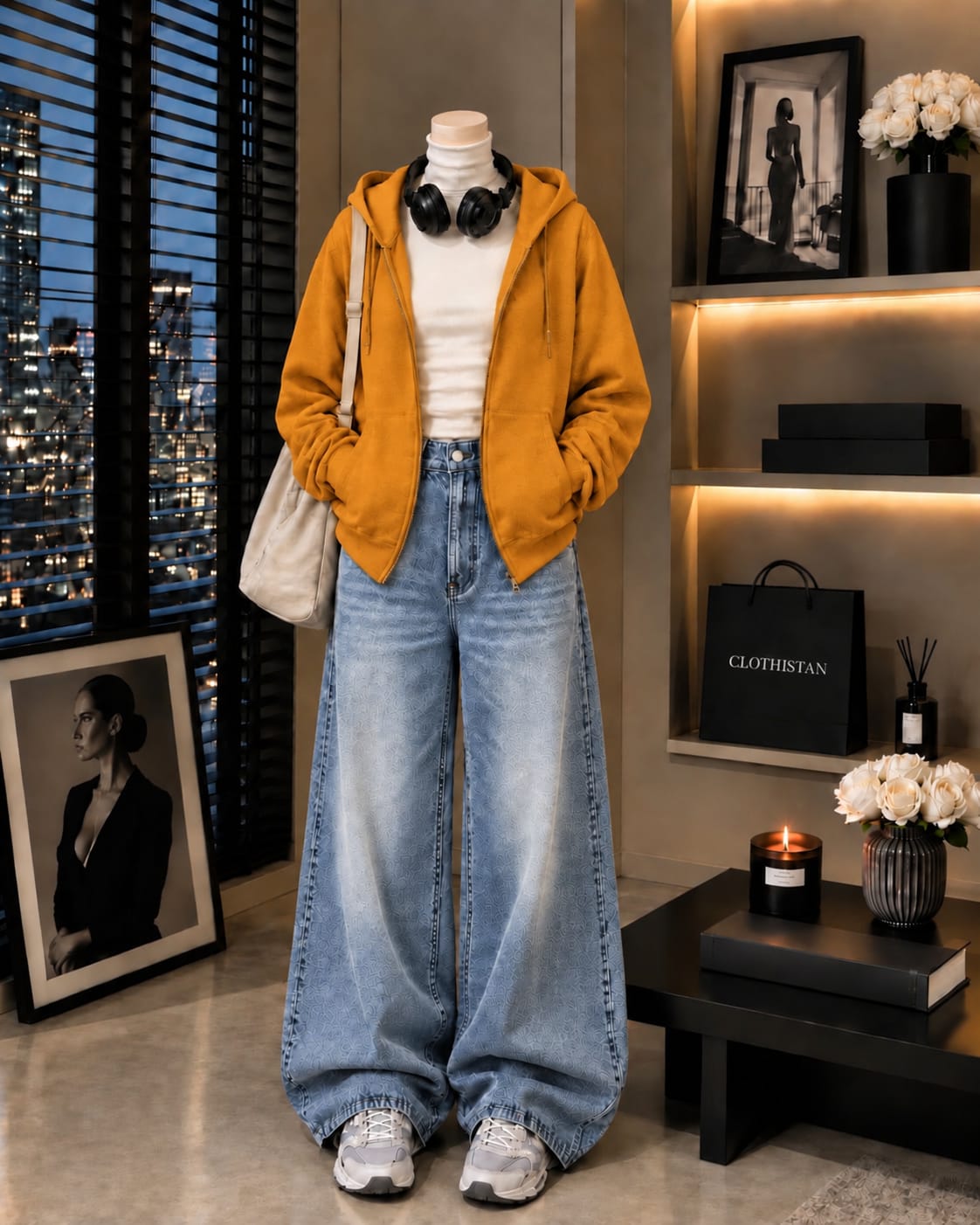 Zipper Hoodie, White Rib Net Highneck & Sky Blue Vintage Wide-Leg Jeans as Pack of Threes