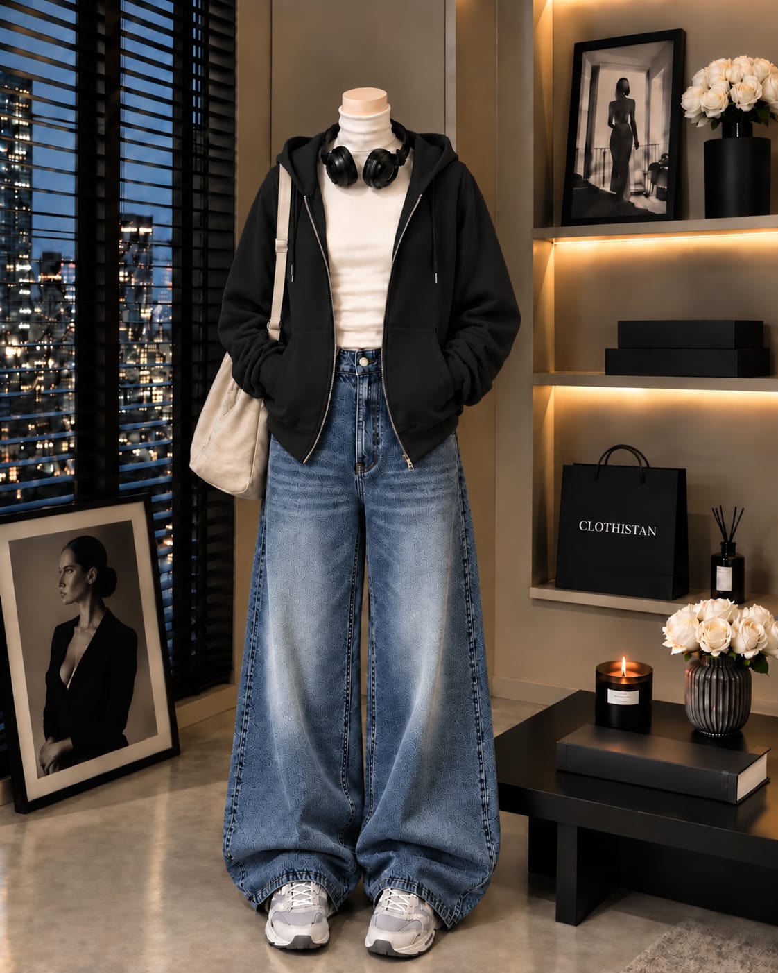 Zipper Hoodie, White Rib Net Highneck & Mid blue Vintage Wide-Leg Jeans as Pack of Threes