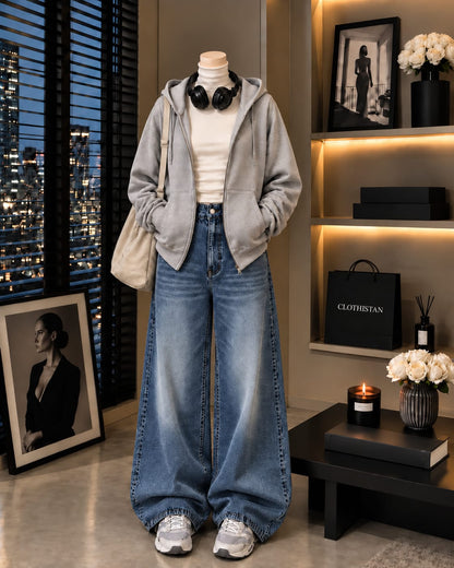 Zipper Hoodie, White Rib Net Highneck & Mid blue Vintage Wide-Leg Jeans as Pack of Threes