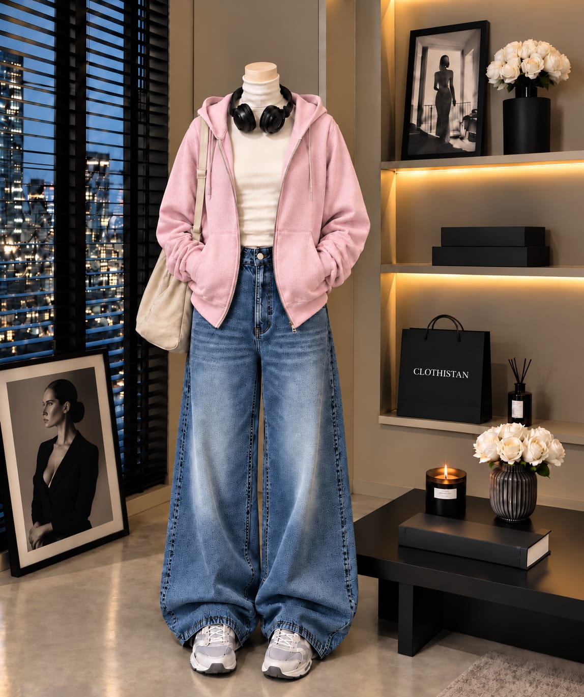 Zipper Hoodie, White Rib Net Highneck & Mid blue Vintage Wide-Leg Jeans as Pack of Threes