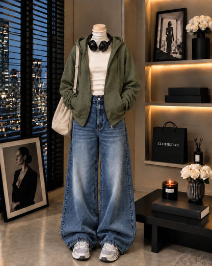 Zipper Hoodie, White Rib Net Highneck & Mid blue Vintage Wide-Leg Jeans as Pack of Threes