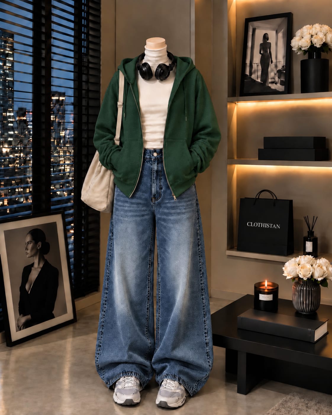 Zipper Hoodie, White Rib Net Highneck & Mid blue Vintage Wide-Leg Jeans as Pack of Threes