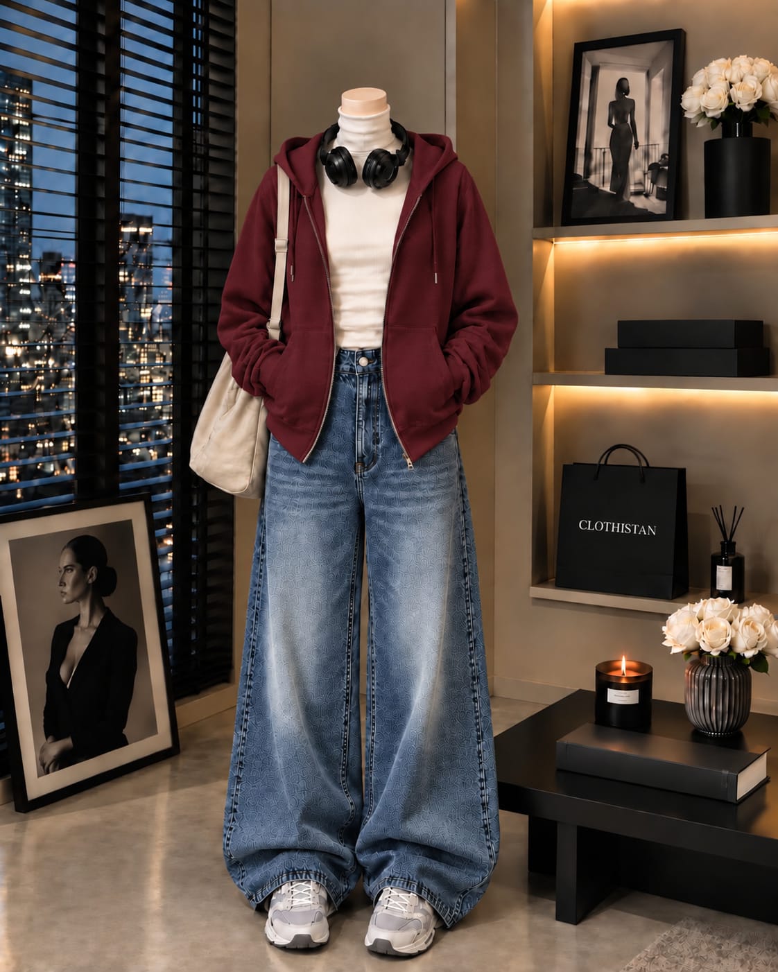 Zipper Hoodie, White Rib Net Highneck & Mid Blue Vintage Wide-Leg Jeans as Pack of Threes