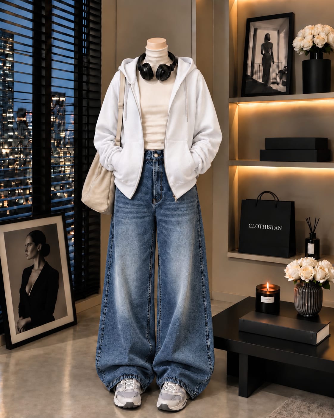 Zipper Hoodie, White Rib Net Highneck & Mid Blue Vintage Wide-Leg Jeans as Pack of Threes