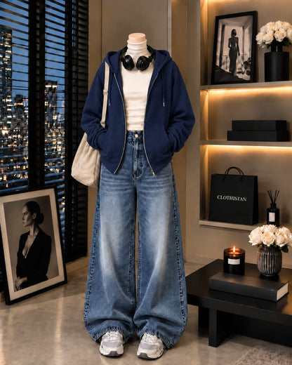 Zipper Hoodie, White Rib Net Highneck & Mid Blue Vintage Wide-Leg Jeans as Pack of Threes