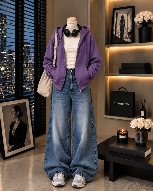 Zipper Hoodie, White Rib Net Highneck & Mid Blue Vintage Wide-Leg Jeans as Pack of Threes
