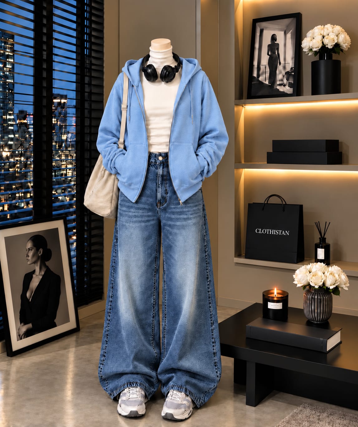 Zipper Hoodie, White Rib Net Highneck & Mid Blue Vintage Wide-Leg Jeans as Pack of Threes