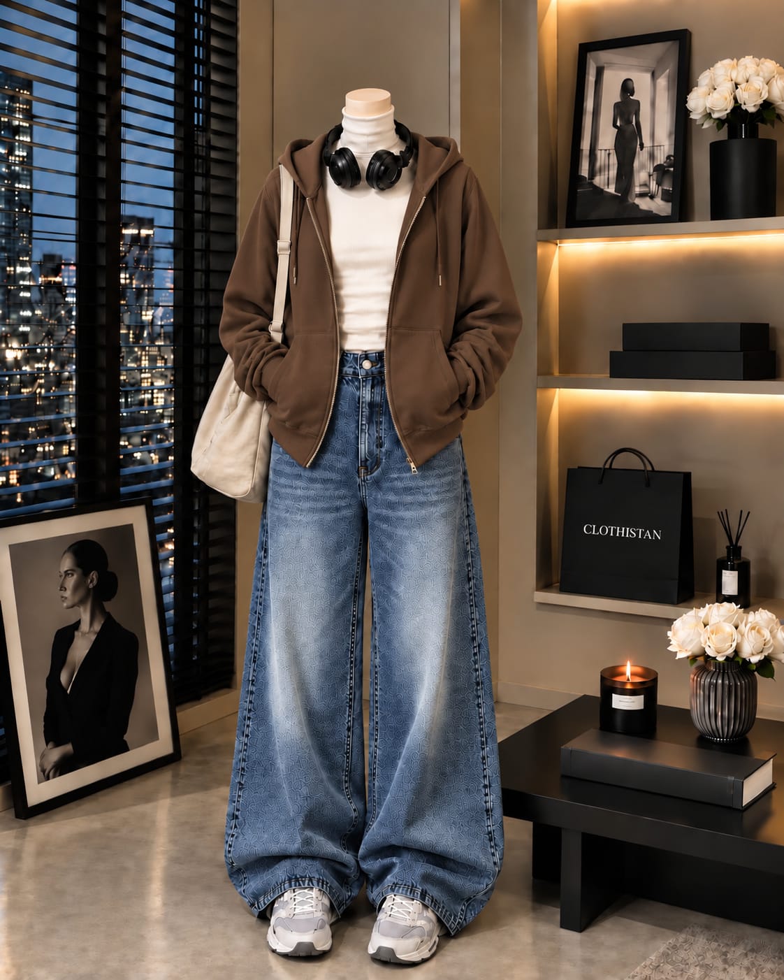 Zipper Hoodie, White Rib Net Highneck & Mid Blue Vintage Wide-Leg Jeans as Pack of Threes
