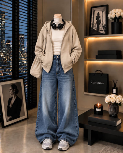 Zipper Hoodie, White Rib Net Highneck & Mid Blue Vintage Wide-Leg Jeans as Pack of Threes