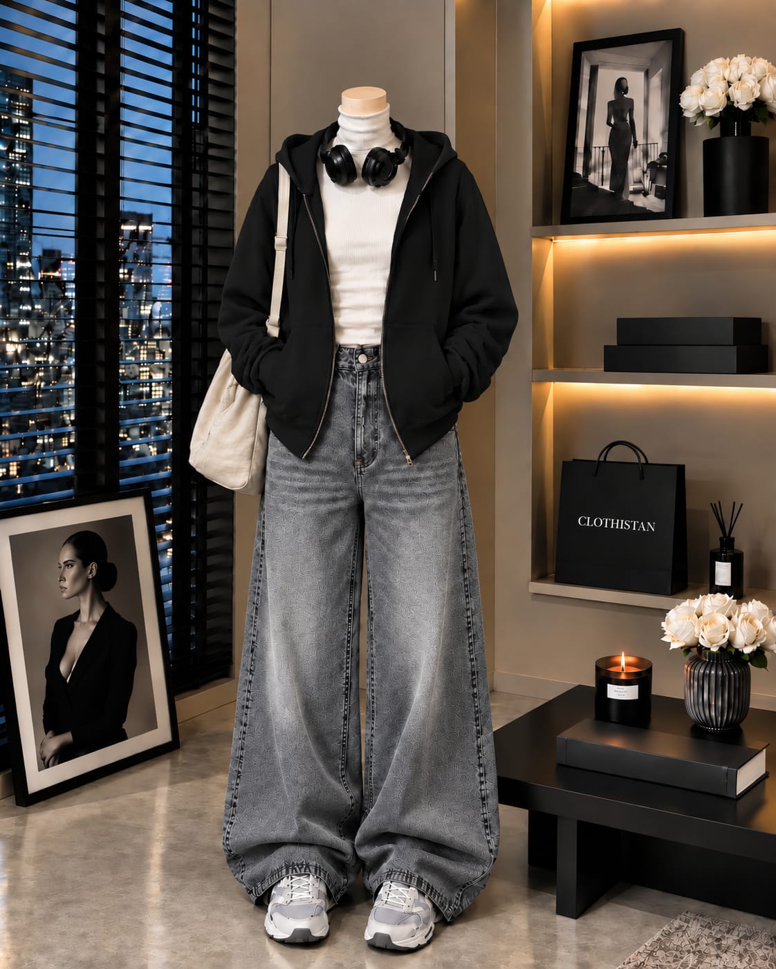 Zipper Hoodie, White Rib Net Highneck & Grey Vintage Wide-Leg Jeans as Pack of Threes