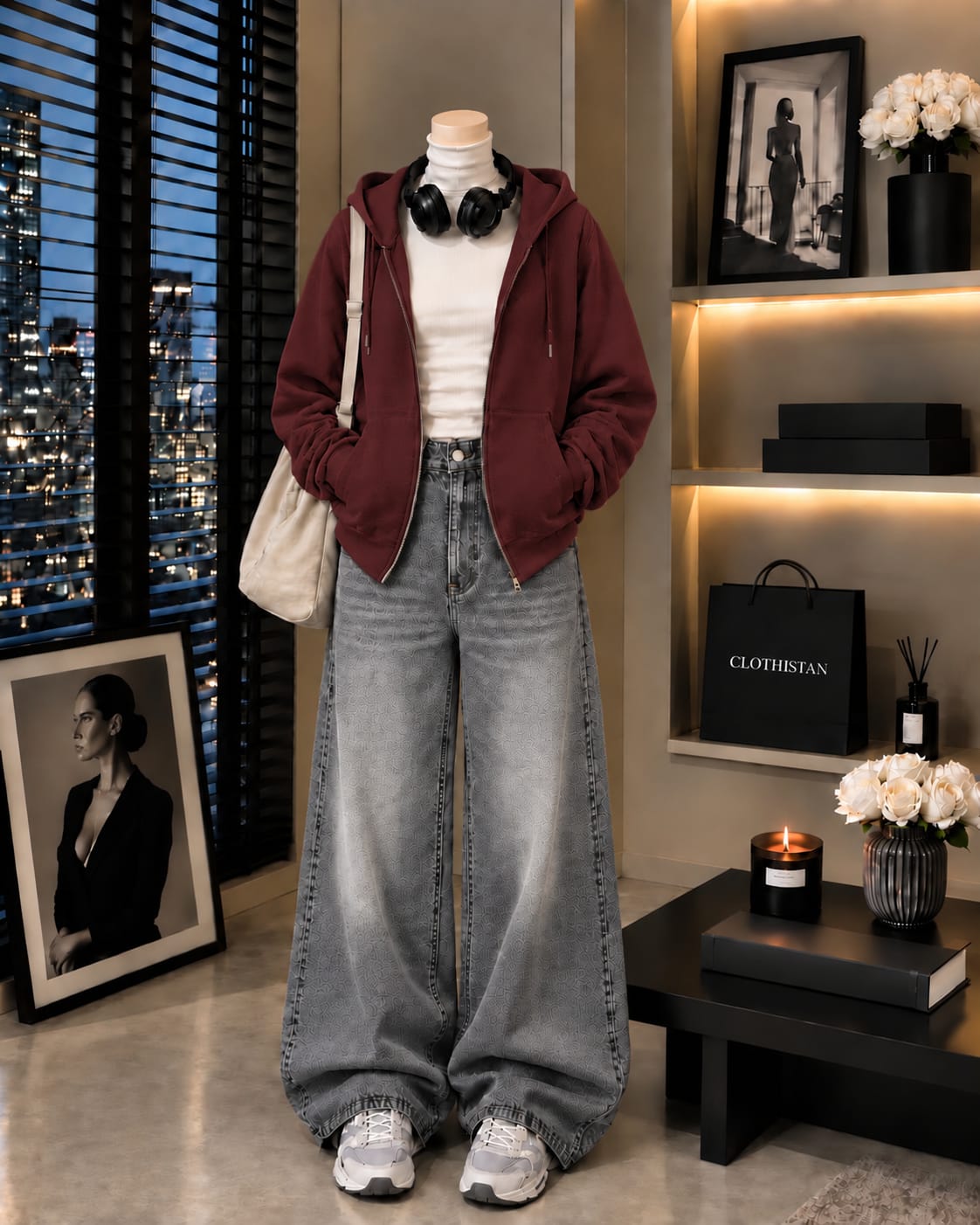 Zipper Hoodie, White Rib Net Highneck & Grey Vintage Wide-Leg Jeans as Pack of Threes