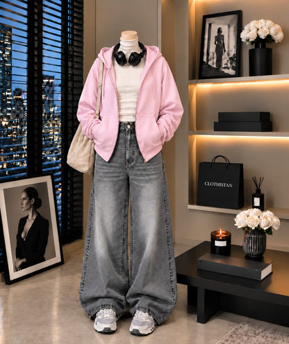 Zipper Hoodie, White Rib Net Highneck & Grey Vintage Wide-Leg Jeans as Pack of Threes