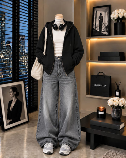 Zipper Hoodie, White Rib Net Highneck & Grey Vintage Wide-Leg Jeans as Pack of Threes