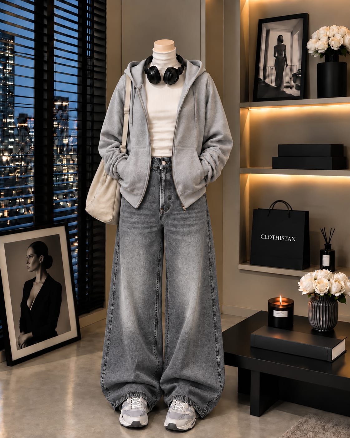 Zipper Hoodie, White Rib Net Highneck & Grey Vintage Wide-Leg Jeans as Pack of Threes