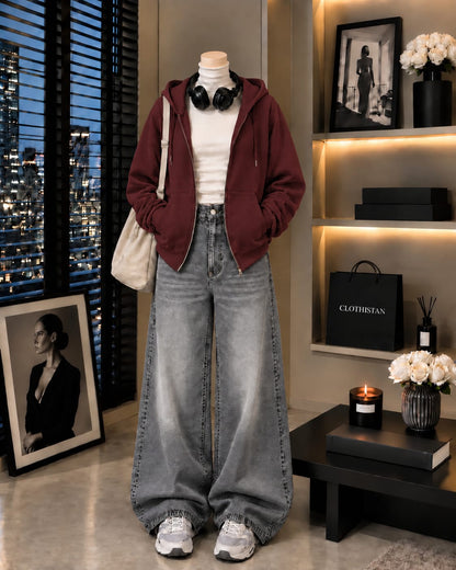 Zipper Hoodie, White Rib Net Highneck & Grey Vintage Wide-Leg Jeans as Pack of Threes