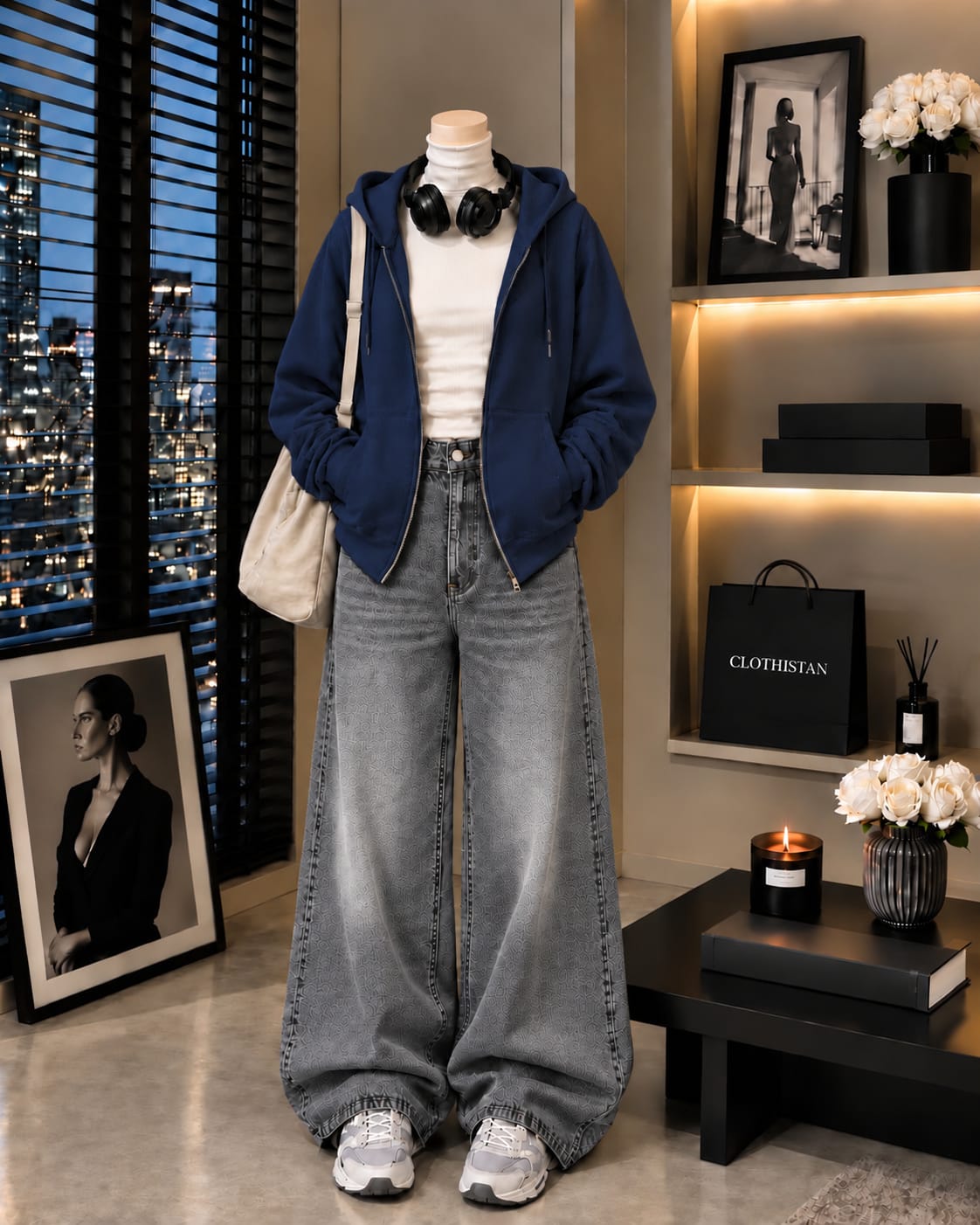 Zipper Hoodie, White Rib Net Highneck & Grey Vintage Wide-Leg Jeans as Pack of Threes