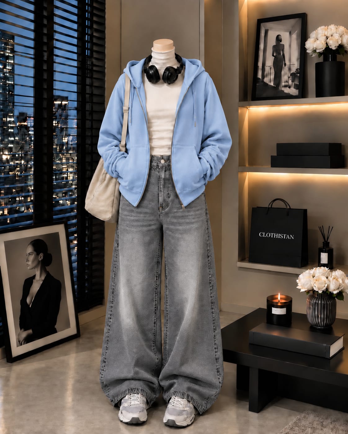 Zipper Hoodie, White Rib Net Highneck & Grey Vintage Wide-Leg Jeans as Pack of Threes