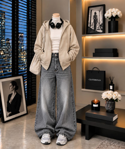 Zipper Hoodie, White Rib Net Highneck & Grey Vintage Wide-Leg Jeans as Pack of Threes