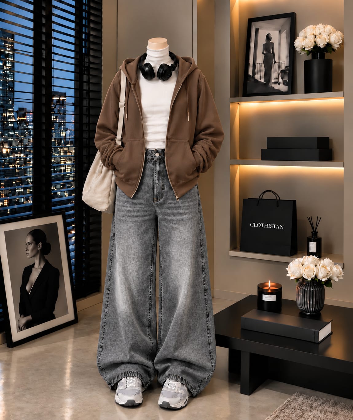 Zipper Hoodie, White Rib Net Highneck & Grey Vintage Wide-Leg Jeans as Pack of Threes