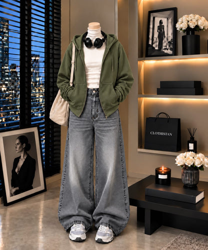 Zipper Hoodie, White Rib Net Highneck & Grey Vintage Wide-Leg Jeans as Pack of Threes