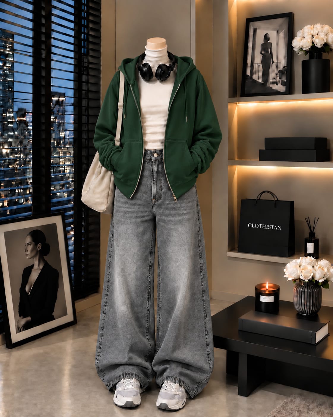 Zipper Hoodie, White Rib Net Highneck & Grey Vintage Wide-Leg Jeans as Pack of Threes