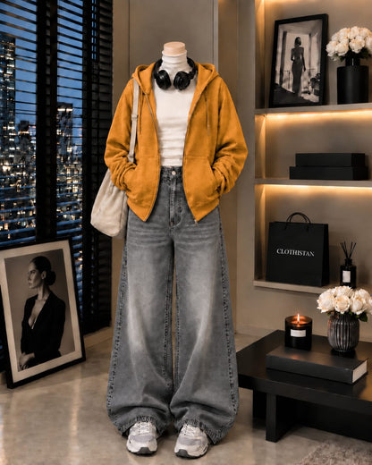 Zipper Hoodie, White Rib Net Highneck & Grey Vintage Wide-Leg Jeans as Pack of Threes