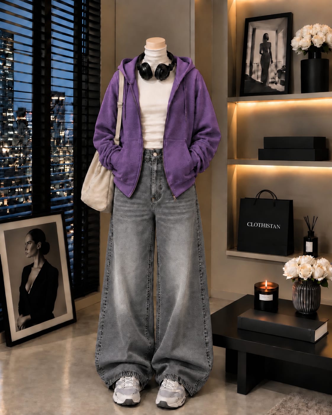 Zipper Hoodie, White Rib Net Highneck & Grey Vintage Wide-Leg Jeans as Pack of Threes