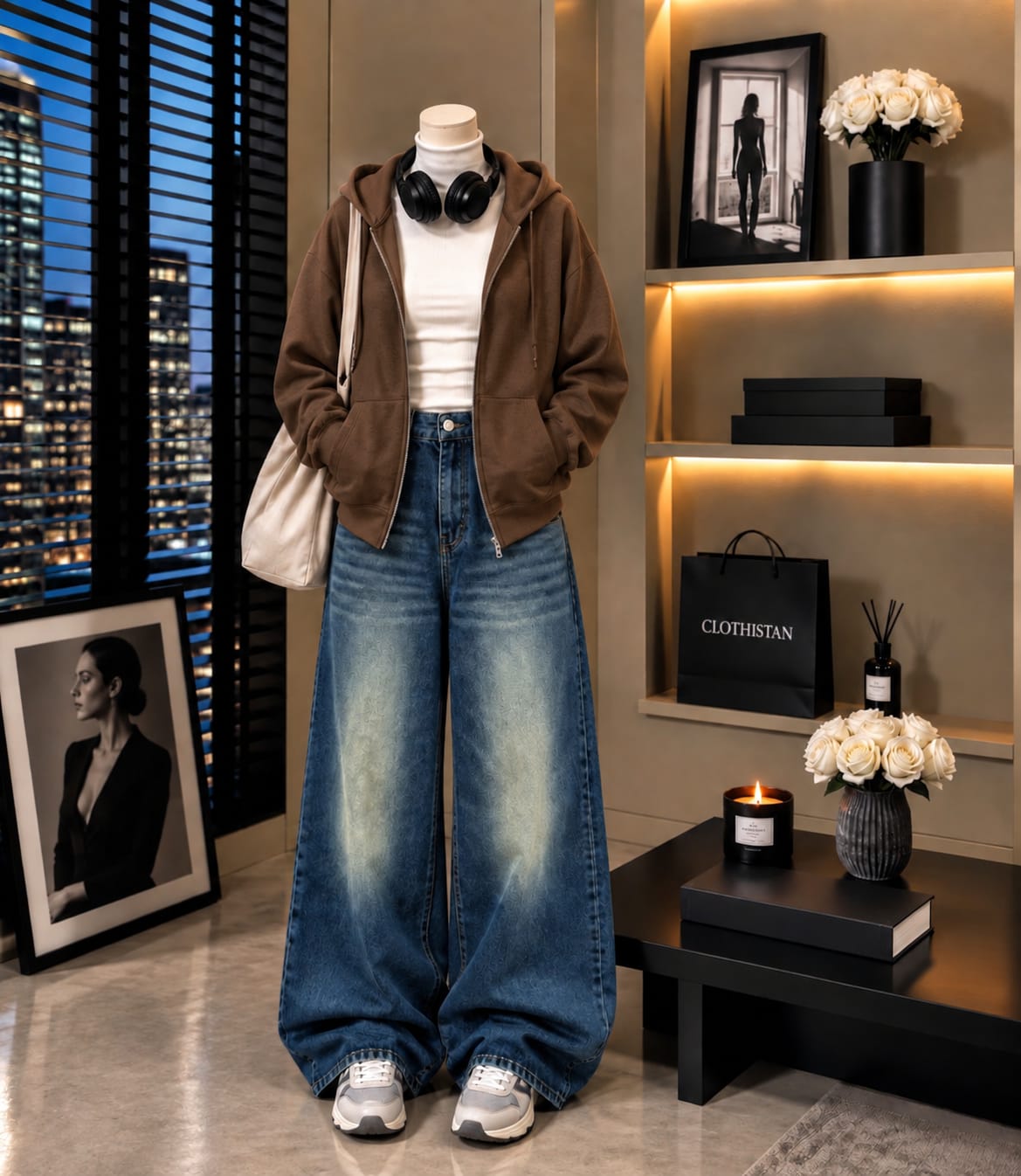 Zipper Hoodie, White Rib Net Highneck & Greenish Blue shaded Vintage Wide-Leg Jeans as Pack of Threes