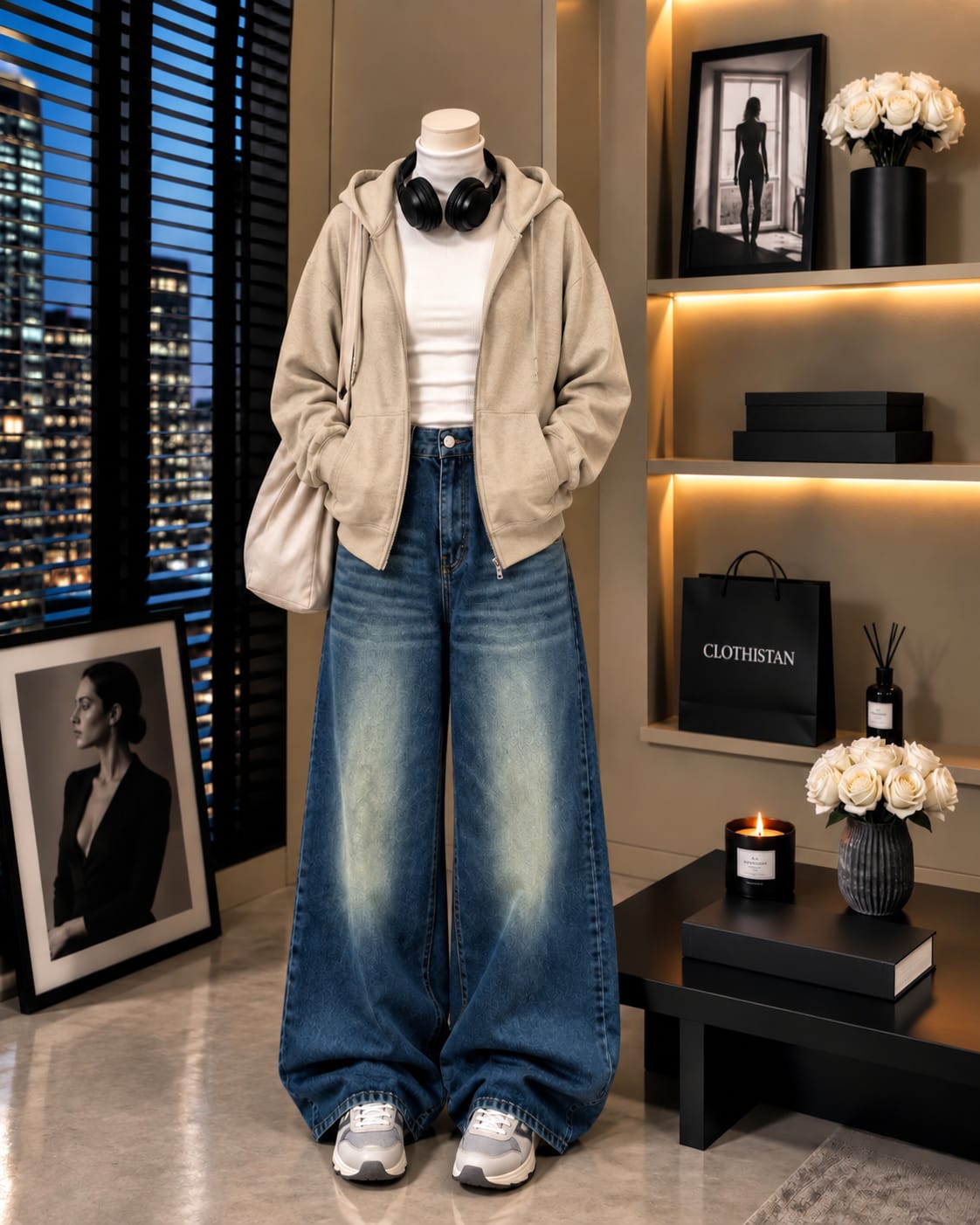 Zipper Hoodie, White Rib Net Highneck & Greenish Blue shaded Vintage Wide-Leg Jeans as Pack of Threes