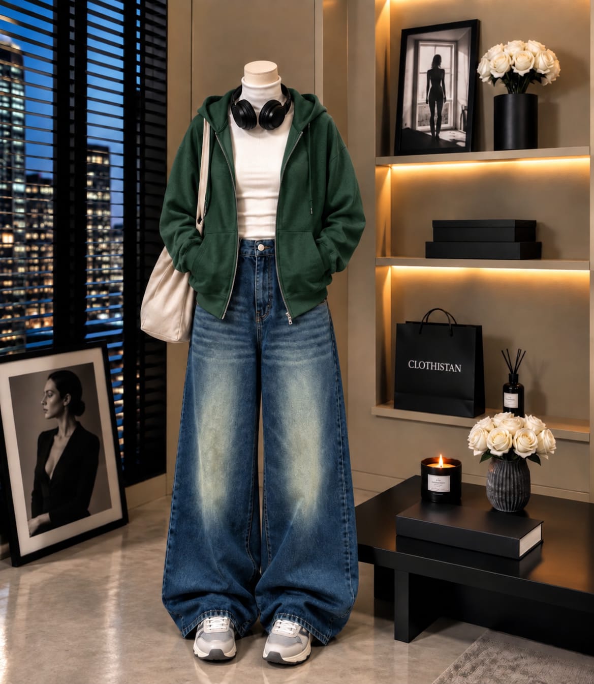 Zipper Hoodie, White Rib Net Highneck & Greenish Blue shaded Vintage Wide-Leg Jeans as Pack of Threes