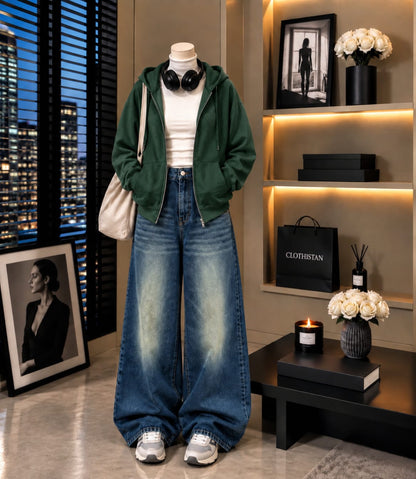 Zipper Hoodie, White Rib Net Highneck & Greenish Blue shaded Vintage Wide-Leg Jeans as Pack of Threes