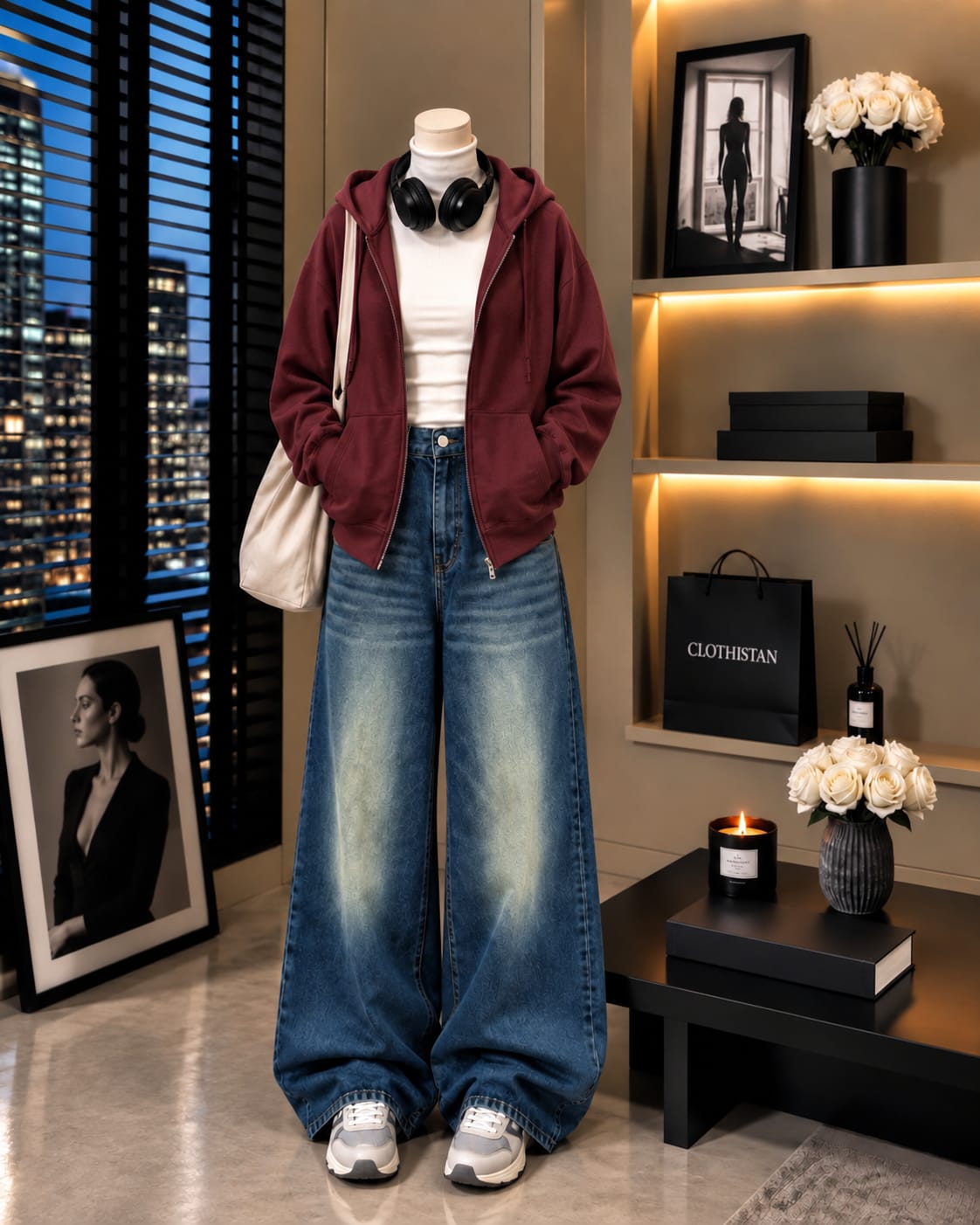 Zipper Hoodie, White Rib Net Highneck & Greenish Blue shaded Vintage Wide-Leg Jeans as Pack of Threes