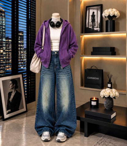 Zipper Hoodie, White Rib Net Highneck & Greenish Blue shaded Vintage Wide-Leg Jeans as Pack of Threes