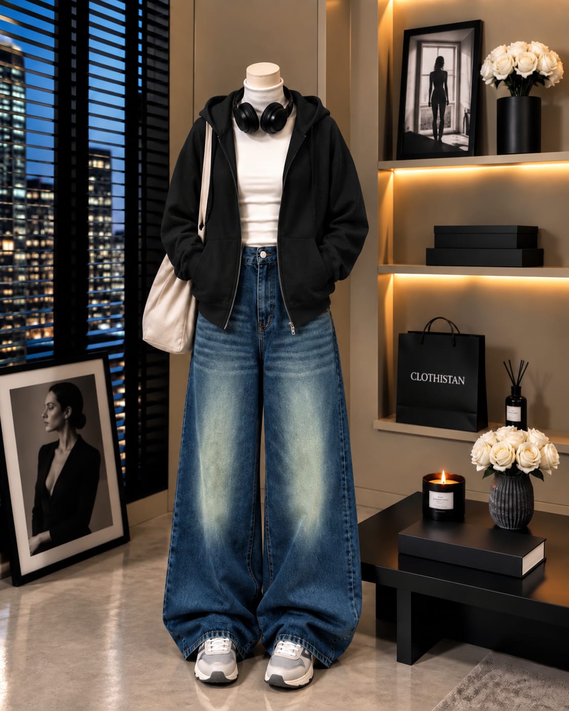 Zipper Hoodie, White Rib Net Highneck & Greenish Blue shaded Vintage Wide-Leg Jeans as Pack of Threes