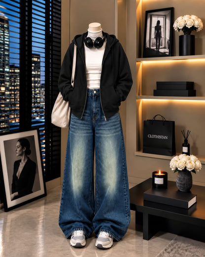 Zipper Hoodie, White Rib Net Highneck & Greenish Blue shaded Vintage Wide-Leg Jeans as Pack of Threes