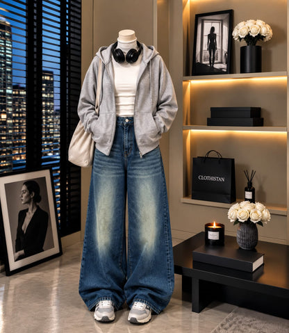 Zipper Hoodie, White Rib Net Highneck & Greenish Blue shaded Vintage Wide-Leg Jeans as Pack of Threes