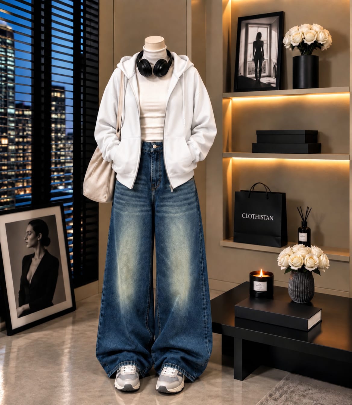 Zipper Hoodie, White Rib Net Highneck & Greenish Blue shaded Vintage Wide-Leg Jeans as Pack of Threes