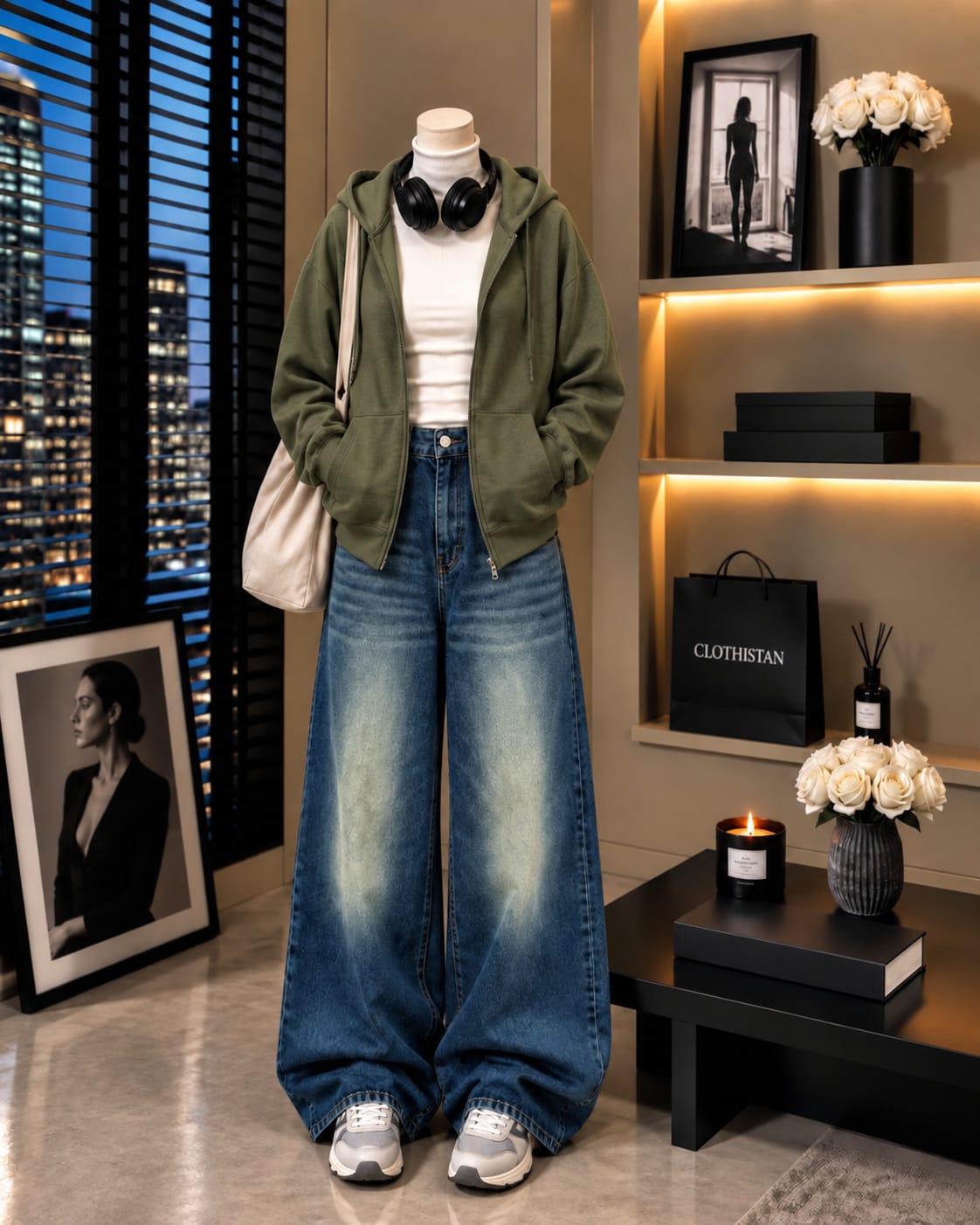 Zipper Hoodie, White Rib Net Highneck & Greenish Blue shaded Vintage Wide-Leg Jeans as Pack of Threes