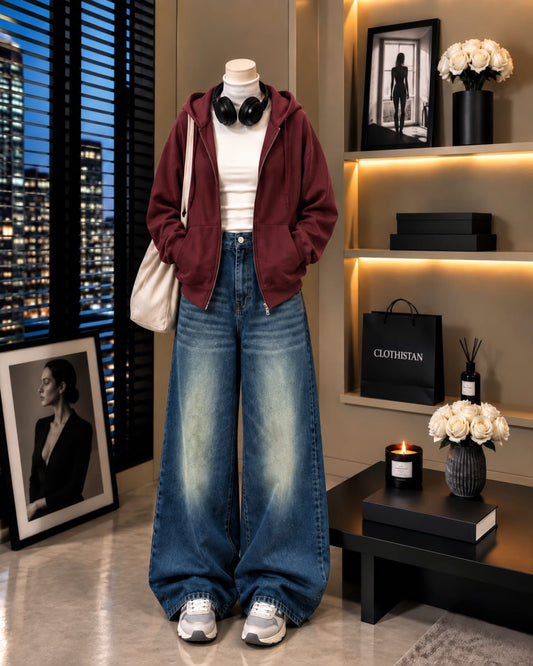 Zipper Hoodie, White Rib Net Highneck & Greenish Blue shaded Vintage Wide-Leg Jeans as Pack of Threes