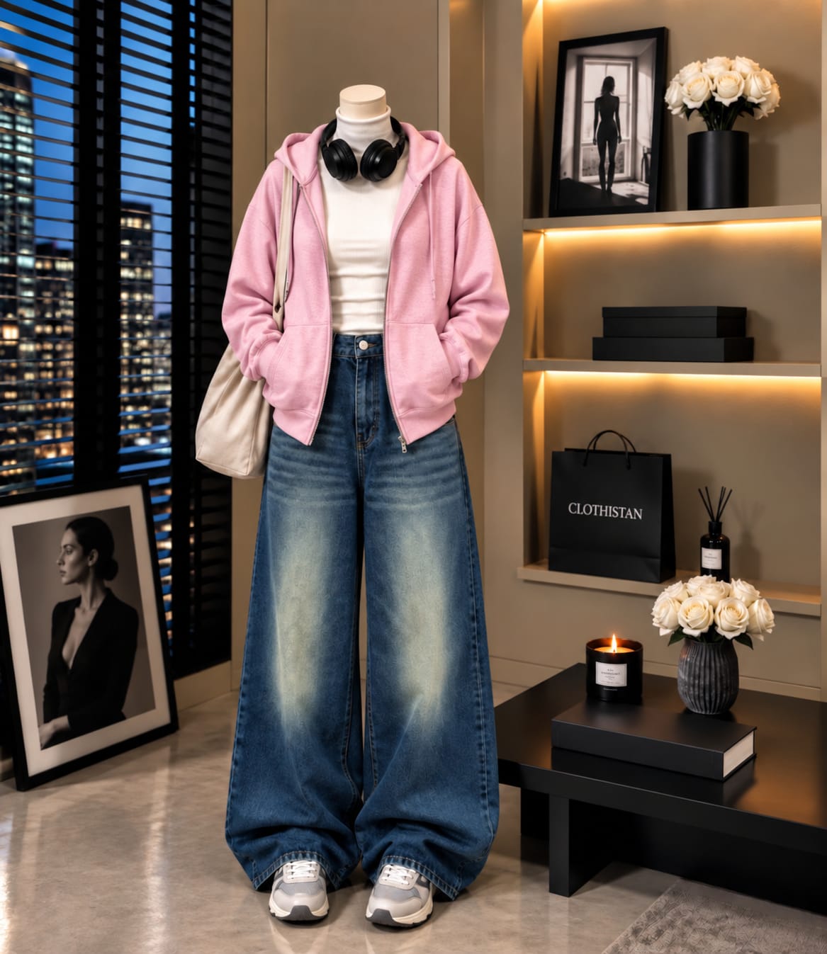 Zipper Hoodie, White Rib Net Highneck & Greenish Blue shaded Vintage Wide-Leg Jeans as Pack of Threes