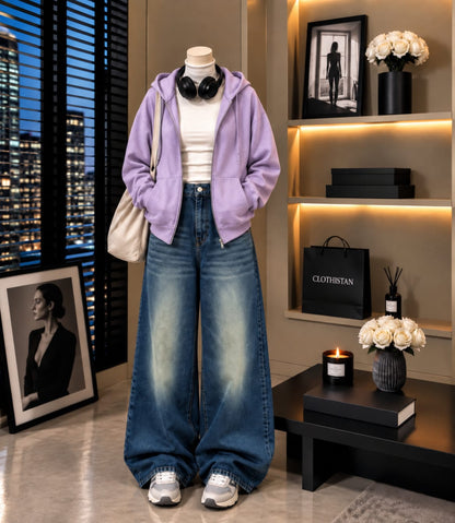 Zipper Hoodie, White Rib Net Highneck & Greenish Blue shaded Vintage Wide-Leg Jeans as Pack of Threes