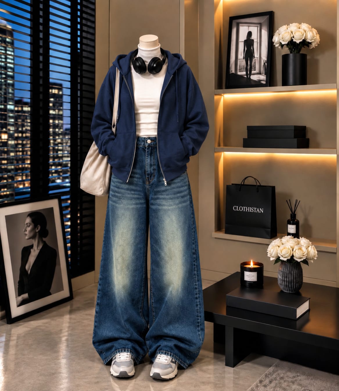 Zipper Hoodie, White Rib Net Highneck & Greenish Blue shaded Vintage Wide-Leg Jeans as Pack of Threes