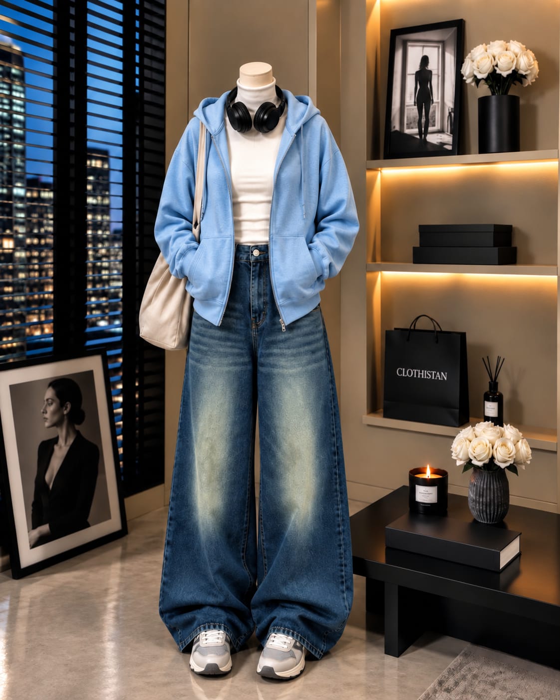 Zipper Hoodie, White Rib Net Highneck & Greenish Blue shaded Vintage Wide-Leg Jeans as Pack of Threes