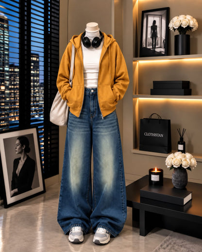 Zipper Hoodie, White Rib Net Highneck & Greenish Blue shaded Vintage Wide-Leg Jeans as Pack of Threes