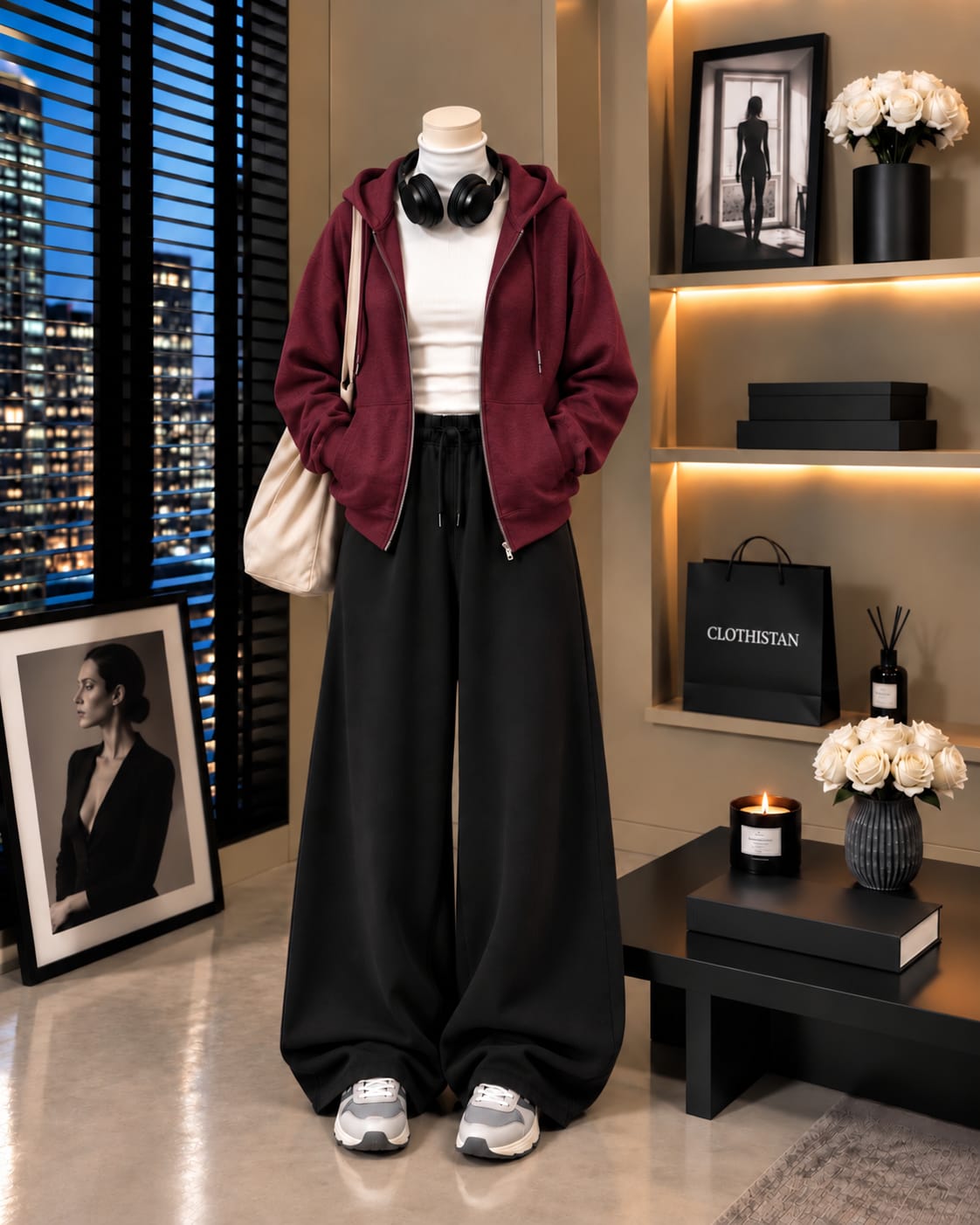 Zipper Hoodie,White Rib Net Highneck & Black Wide-Leg Trouser as Pack of Threes