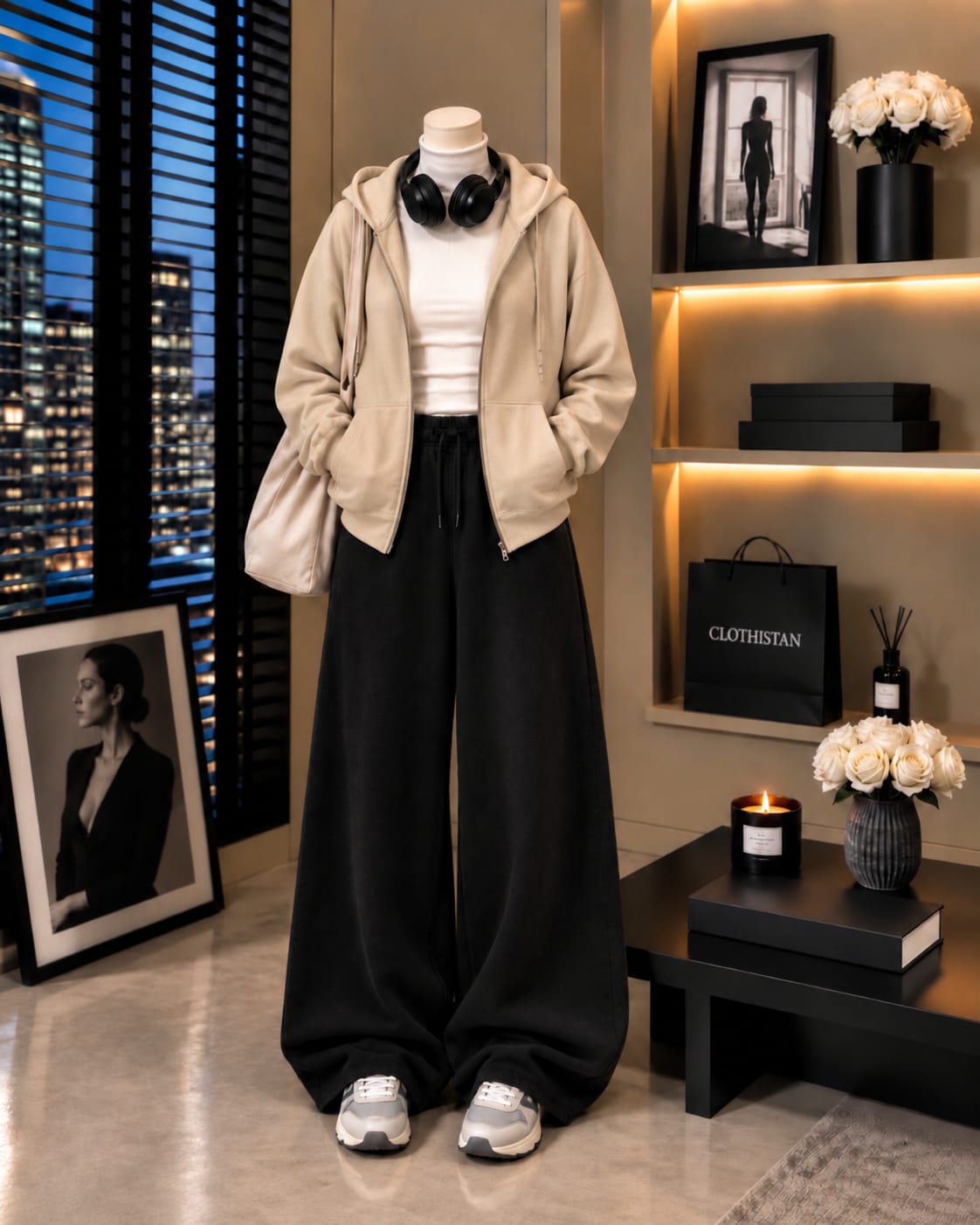 Zipper Hoodie,White Rib Net Highneck & Black Wide-Leg Trouser as Pack of Threes