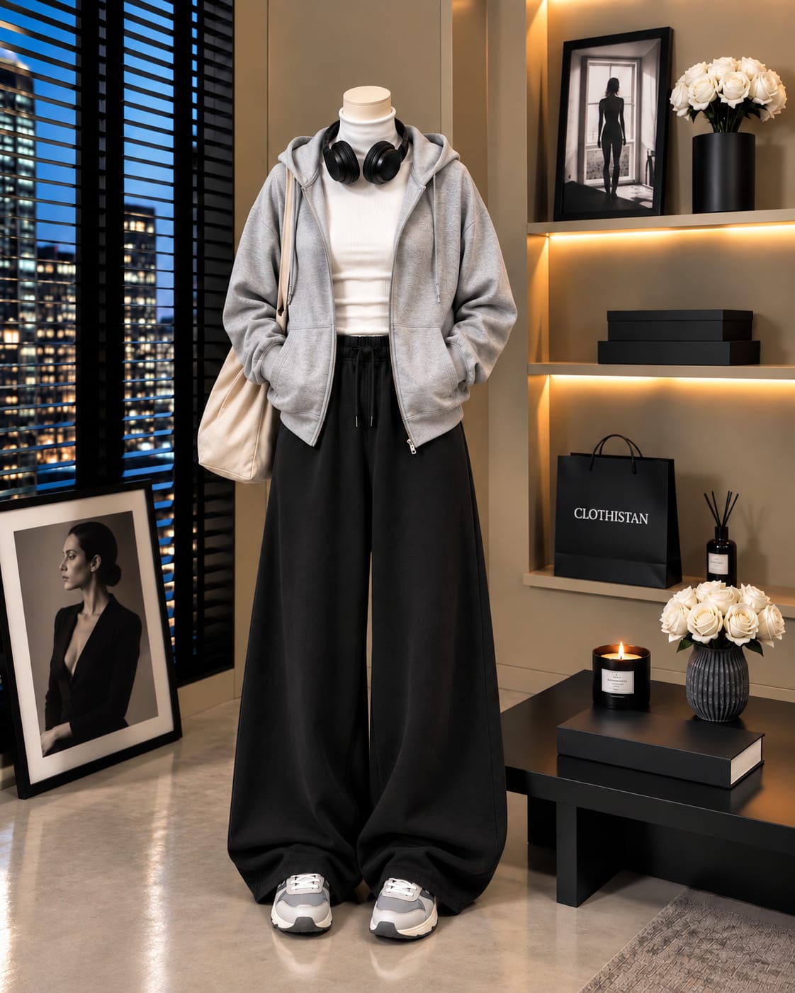 Zipper Hoodie,White Rib Net Highneck & Black Wide-Leg Trouser as Pack of Threes